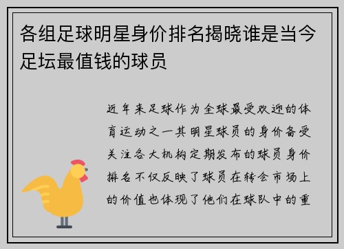 各组足球明星身价排名揭晓谁是当今足坛最值钱的球员