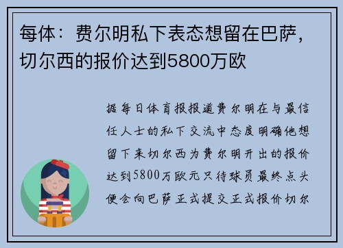 每体：费尔明私下表态想留在巴萨，切尔西的报价达到5800万欧