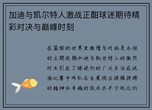 加迪与凯尔特人激战正酣球迷期待精彩对决与巅峰时刻